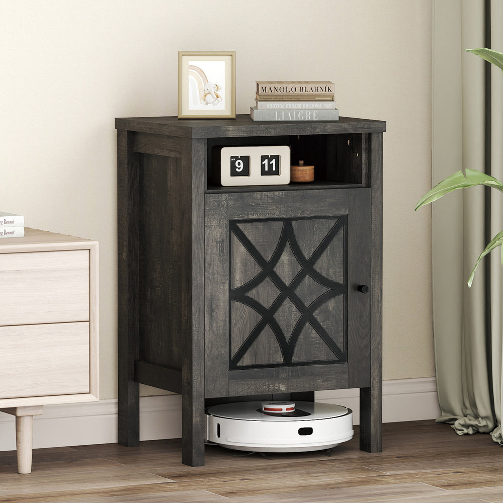 Robot vacuum storage cabinet in gray with door and open shelf, ideal for living room or bedroom organization.