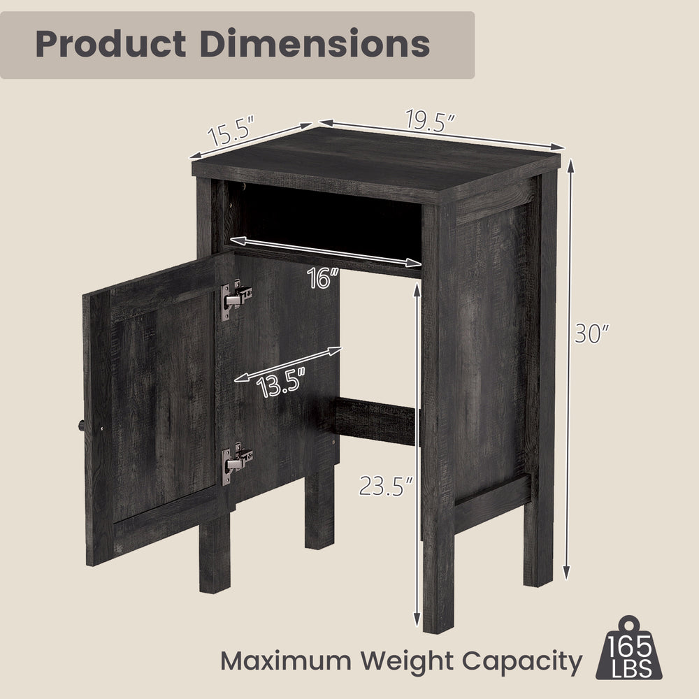Robot vacuum storage cabinet in gray with dimensions, featuring a door and open shelf for versatile storage solutions.