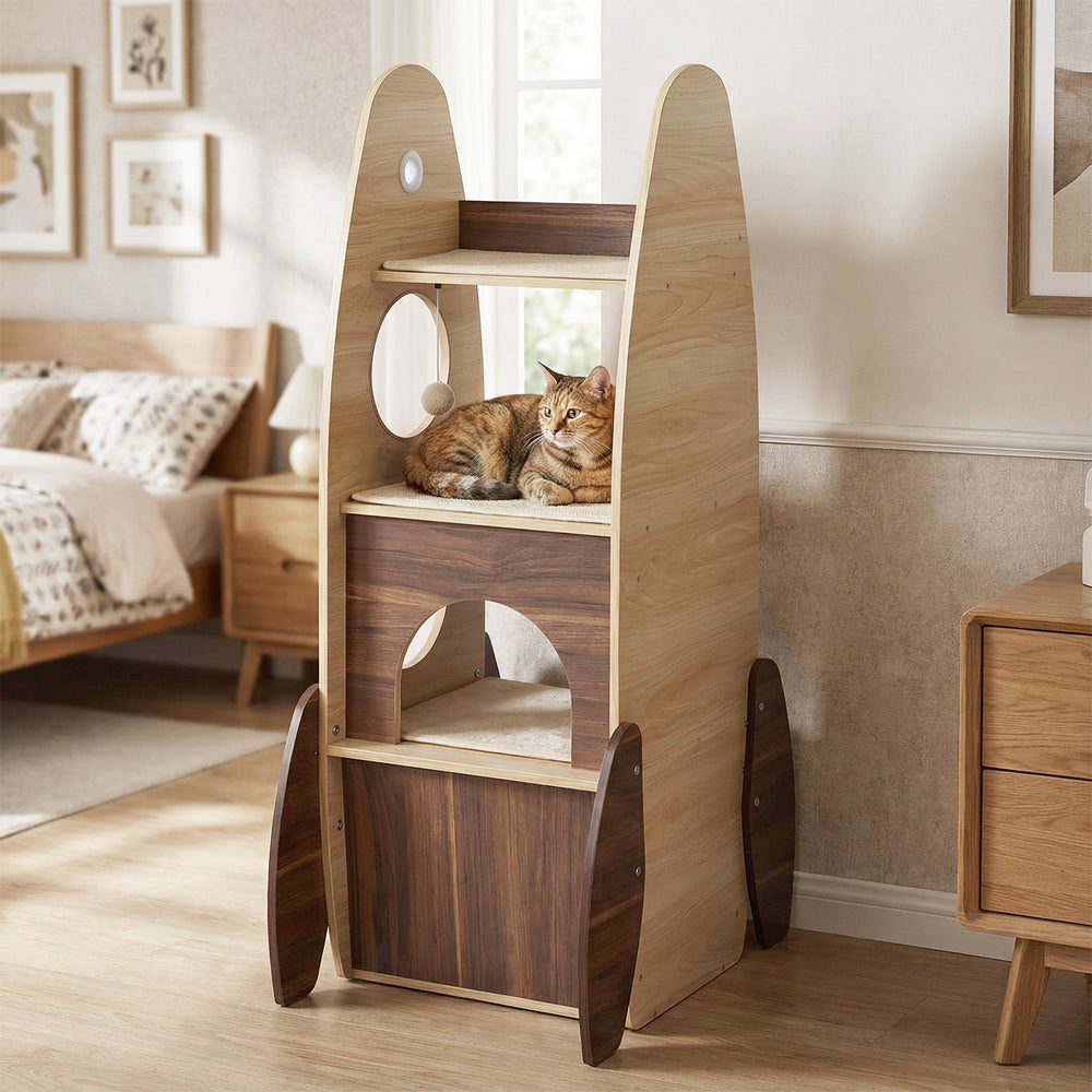 Large wooden Rocket Cat Tree with multi-level design, private condo, and top perch for indoor cats.
