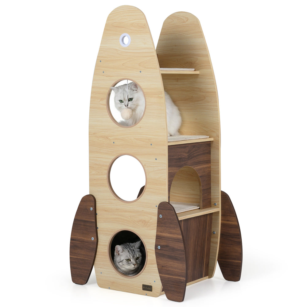 Rocket Cat Tree with multi-level design, natural wood finish, and cozy condos for indoor cats to explore and relax.
