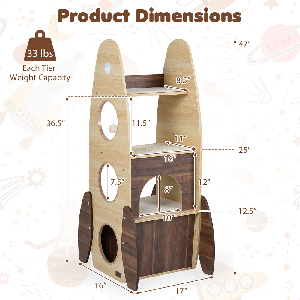 Rocket Cat Tree dimensions showing a 47-inch tall wooden cat tower with multi-level design for indoor cats.