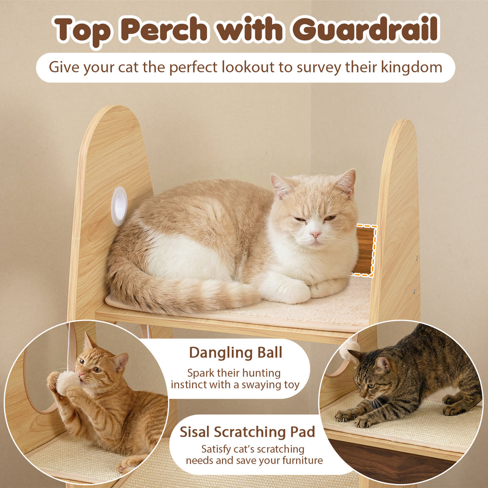 Top perch with guardrail on the Rocket Cat Tree, providing a lookout for cats and featuring a sisal scratching pad.
