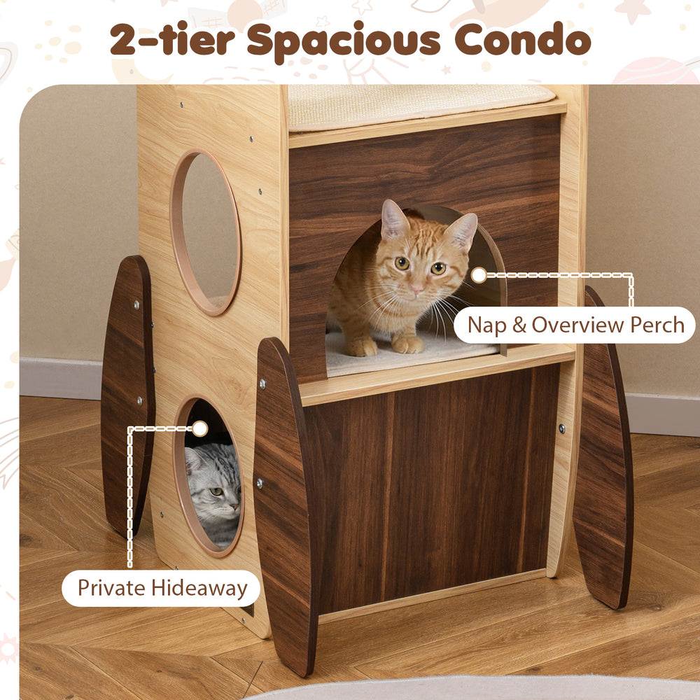 2-tier wooden cat tower with private hideaway and nap perch, designed for indoor cats to explore and relax.