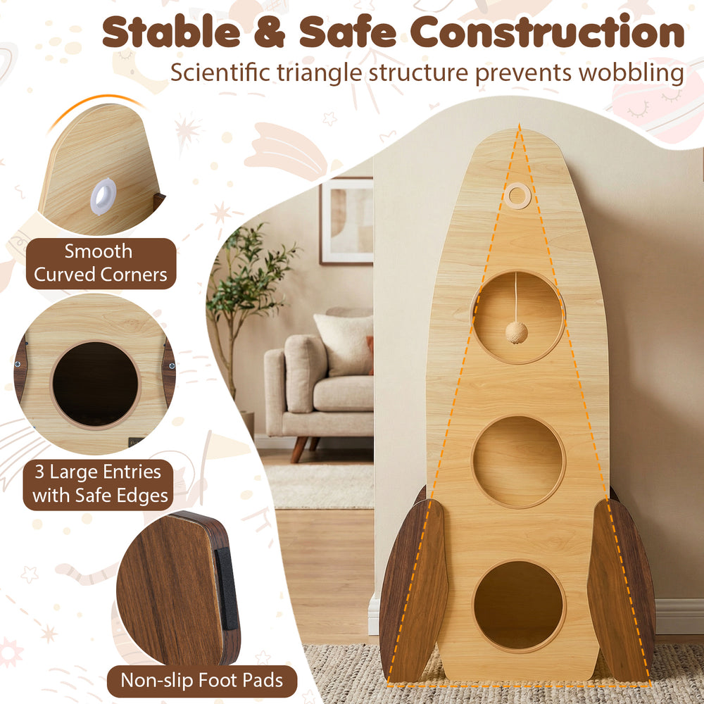 Rocket cat tree with three large entries, smooth curved corners, and non-slip foot pads for indoor cat fun.