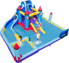 Rocket theme inflatable water slide park featuring slides, splash pool, and various play areas for summer fun.