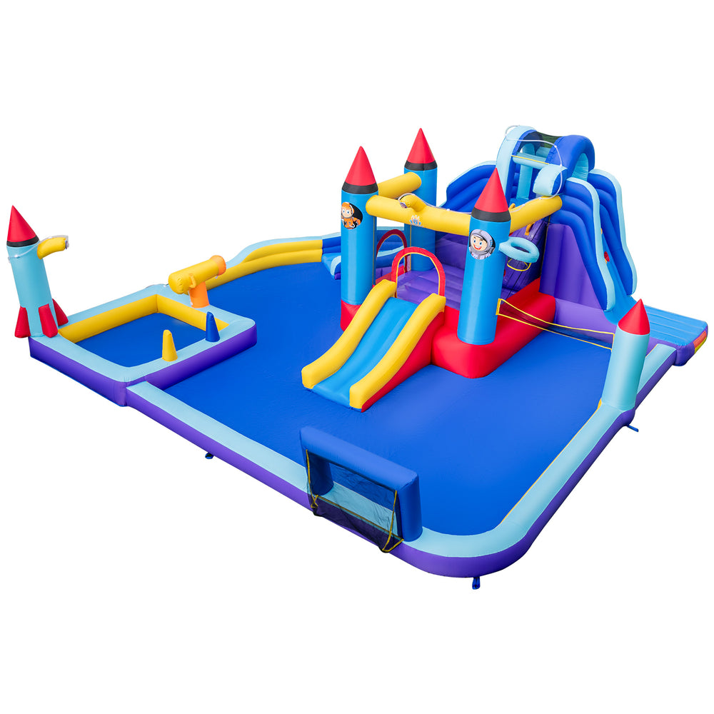 Rocket theme inflatable water slide park featuring slides, splash pool, and various play areas for year-round fun.