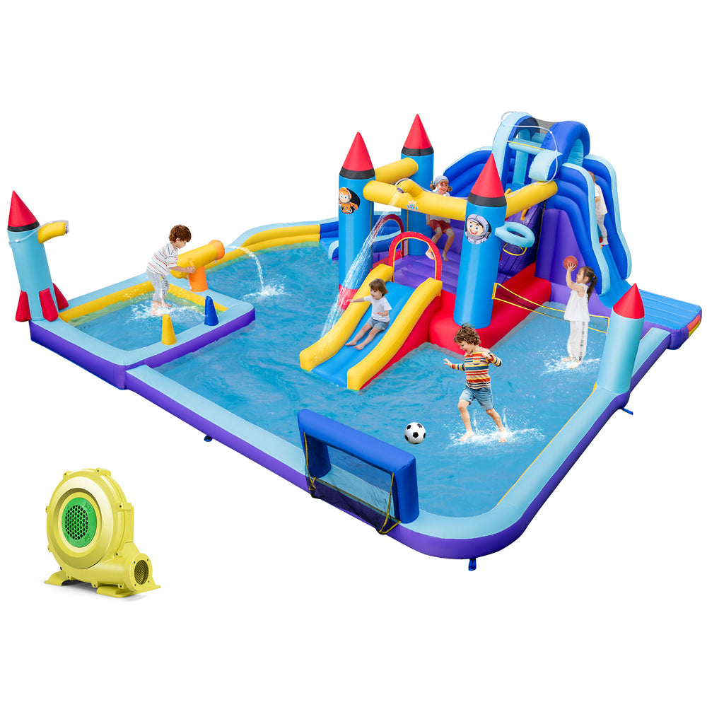 Rocket theme inflatable water slide park with multiple slides and splash pool, perfect for summer fun and outdoor.