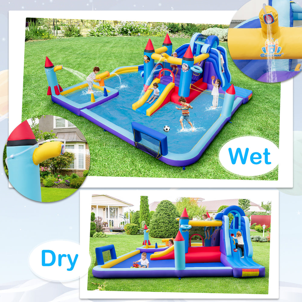Rocket theme inflatable water slide park featuring wet and dry use, with slides, splash pool, and safety mesh walls.