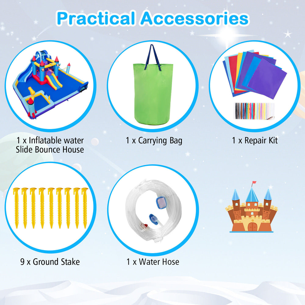 Rocket theme inflatable water slide park with various play areas, carrying bag, repair kit, and ground stakes for.