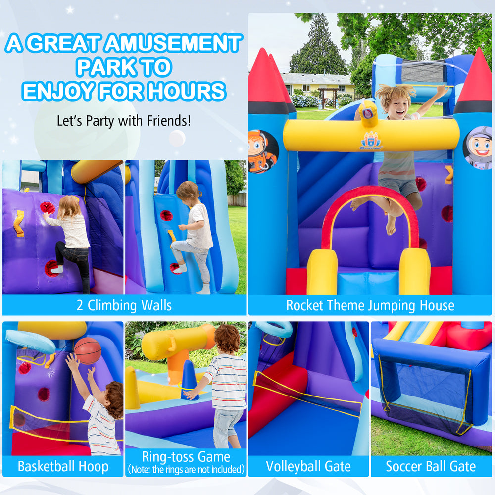 Rocket theme inflatable water slide park featuring climbing walls, basketball hoop, and splash pool for outdoor fun.