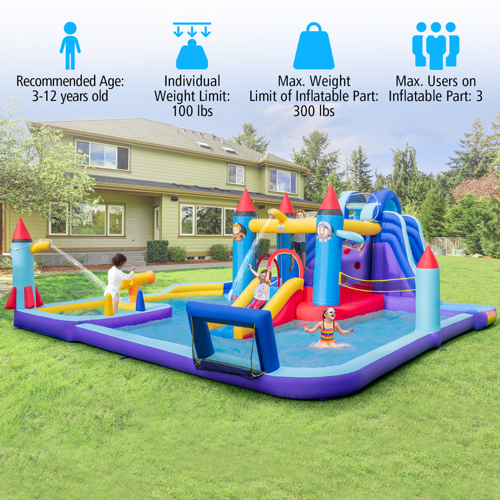 Rocket Theme Inflatable Water Slide Park with slides, splash pool, and water gun for summer fun in the backyard.