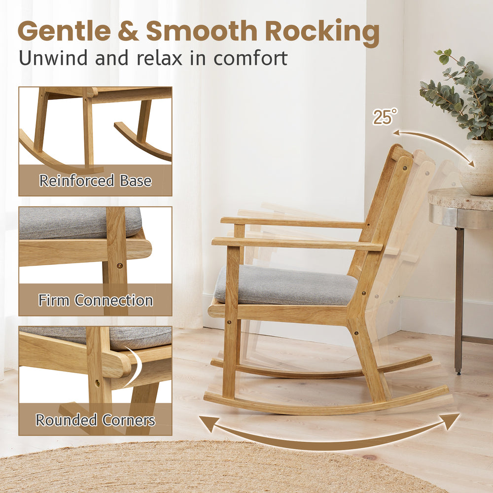 Rocking chair with a natural rubber wood frame, padded seat cushion, and ergonomic backrest for comfortable relaxation.