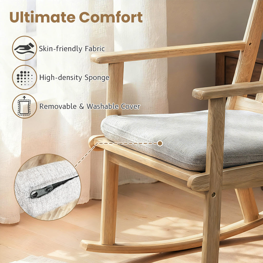 Rocking chair with padded seat in natural rubber wood, featuring a removable cushion cover for easy cleaning and.