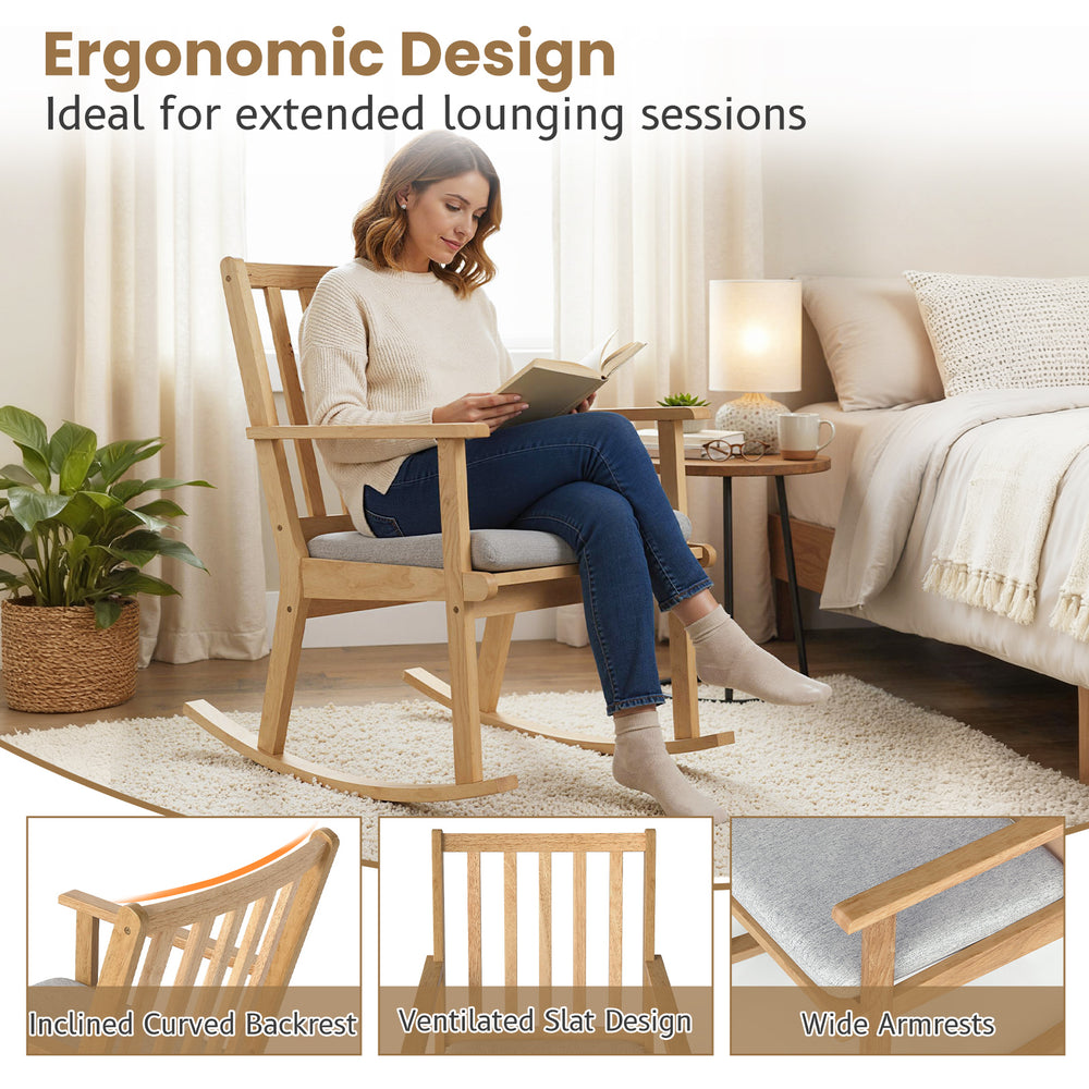 Rocking chair with cushion in natural rubber wood, featuring ergonomic backrest and wide armrests for ultimate comfort.