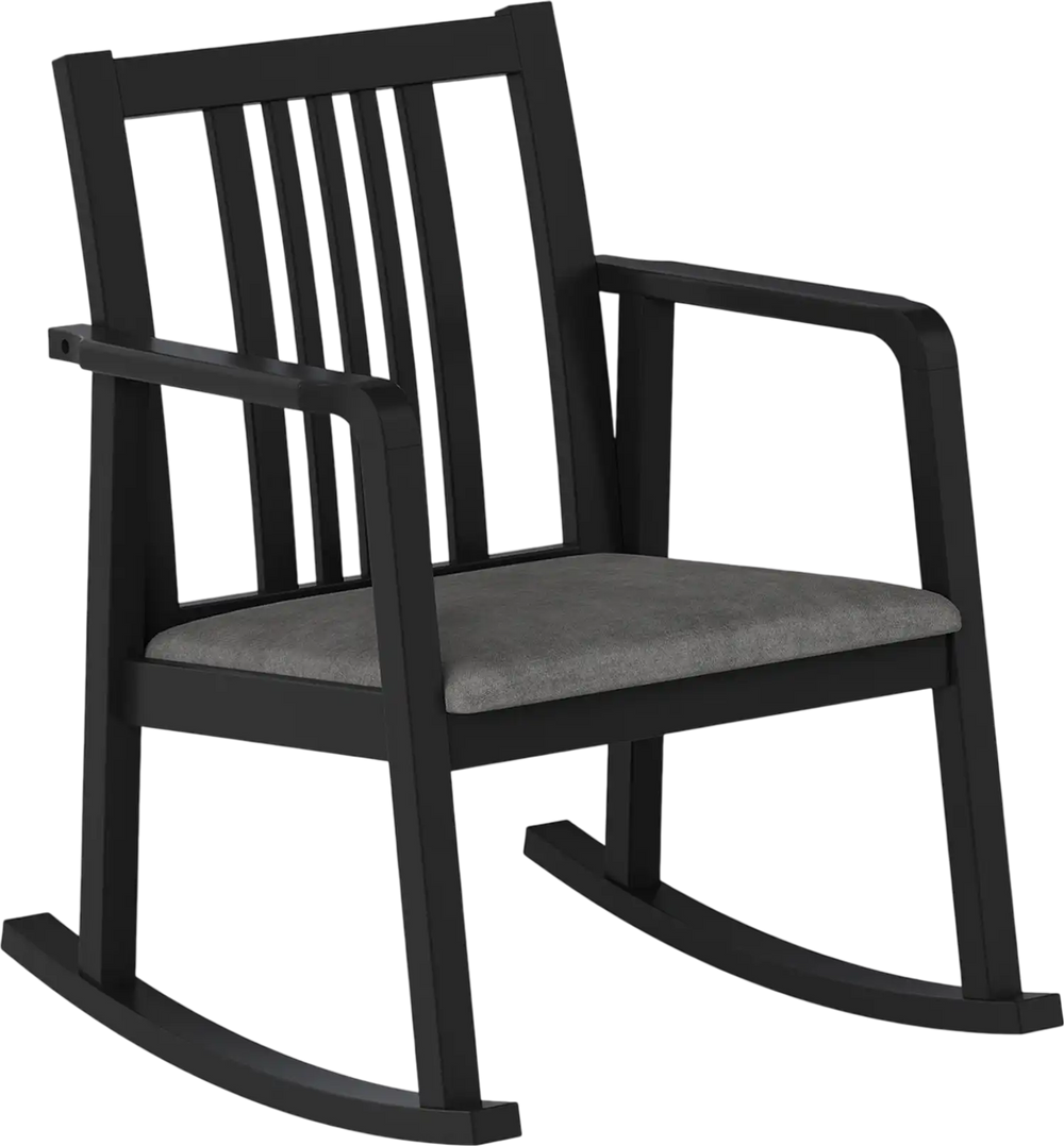 Black rocking chair with slatted back, curved armrests, and soft linen seat for comfortable relaxation.