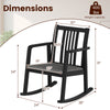 Black rocking chair with slatted back, curved armrests, and dimensions for ergonomic comfort and stability.
