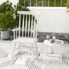 White rocking chair with solid rubber wood frame, contoured slatted back, ideal for garden and patio relaxation.