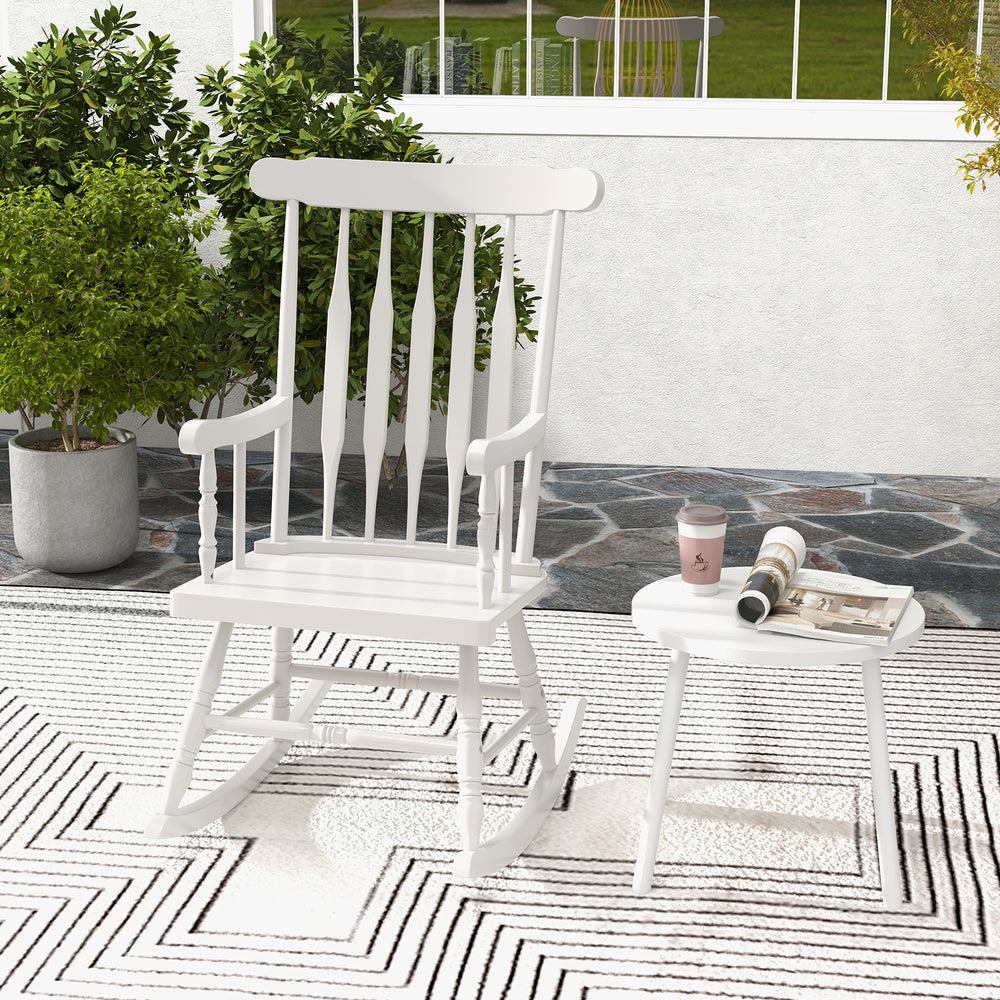 White rocking chair with solid rubber wood frame, contoured slatted back, ideal for garden and patio relaxation.