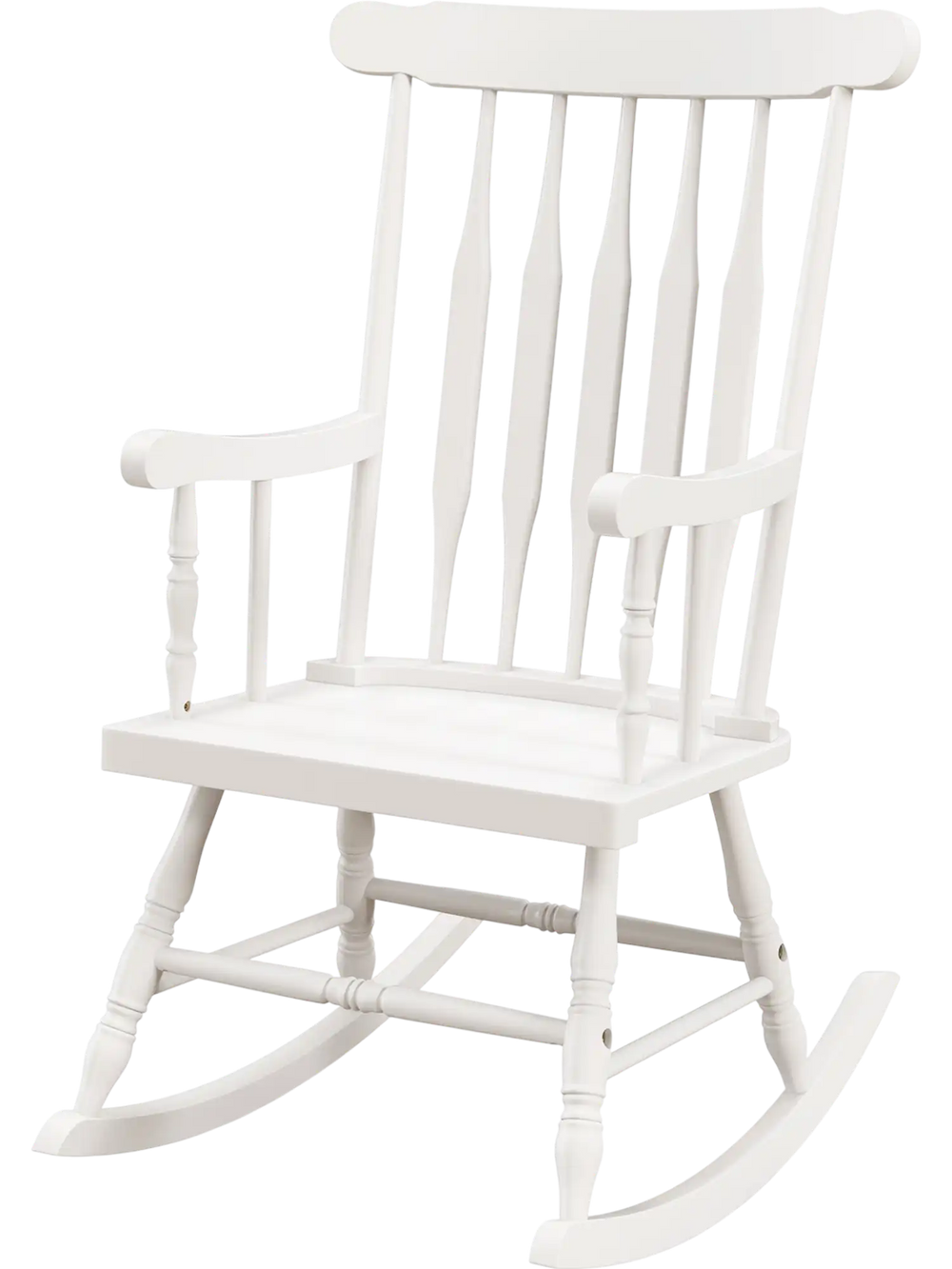 White rocking chair with solid rubber wood frame, contoured slatted back, ideal for indoor and outdoor use.