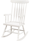 White rocking chair with solid rubber wood frame, contoured slatted back, ideal for indoor and outdoor use.