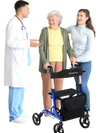 Folding aluminum rollator walker in blue with 8-inch wheels, featuring a hand brake for speed control and stability.