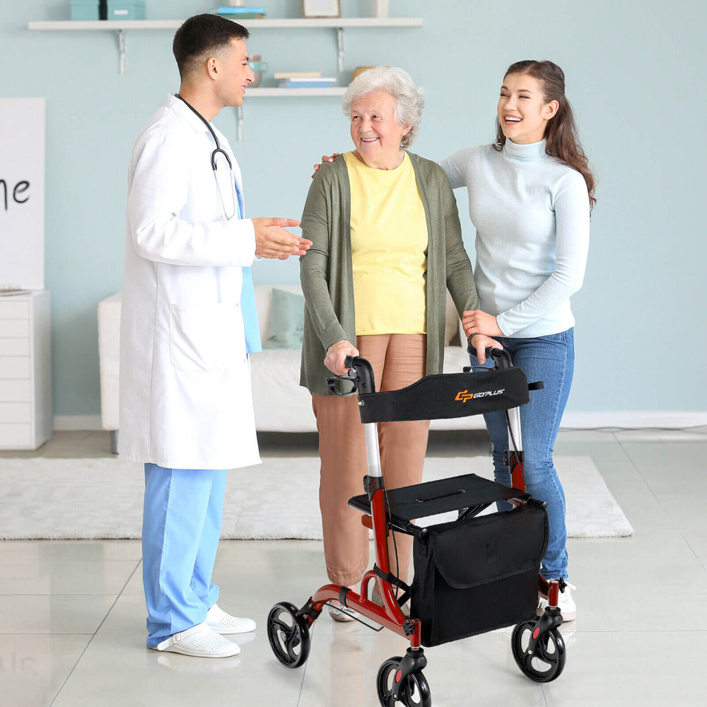 Folding Aluminum Rollator Walker with 8 inch Wheels and Seat-Red - Gallery View 1 of 10