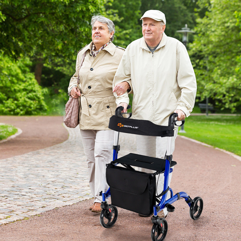 Folding aluminum rollator walker with 8-inch wheels and seat, ideal for mobility support and comfortable outdoor use.