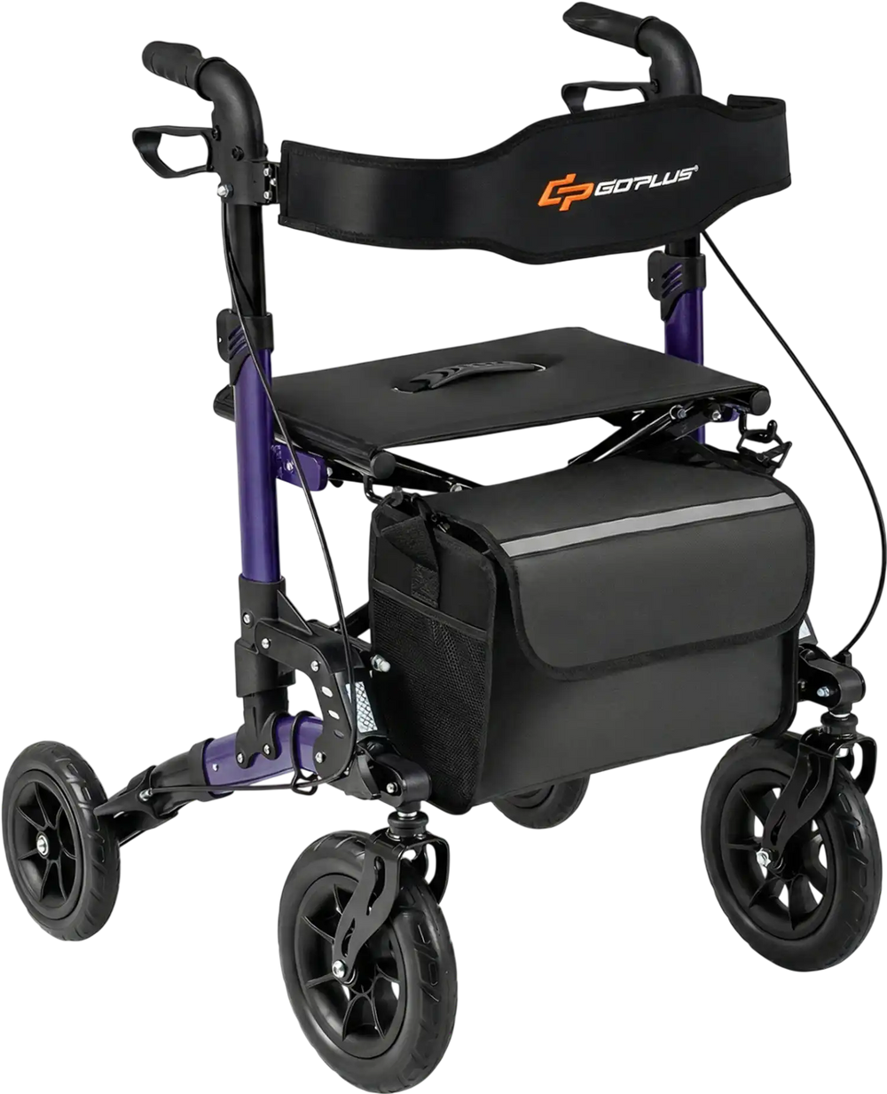 Folding rollator walker in purple with padded seat, adjustable height, and oversized wheels for comfortable mobility.