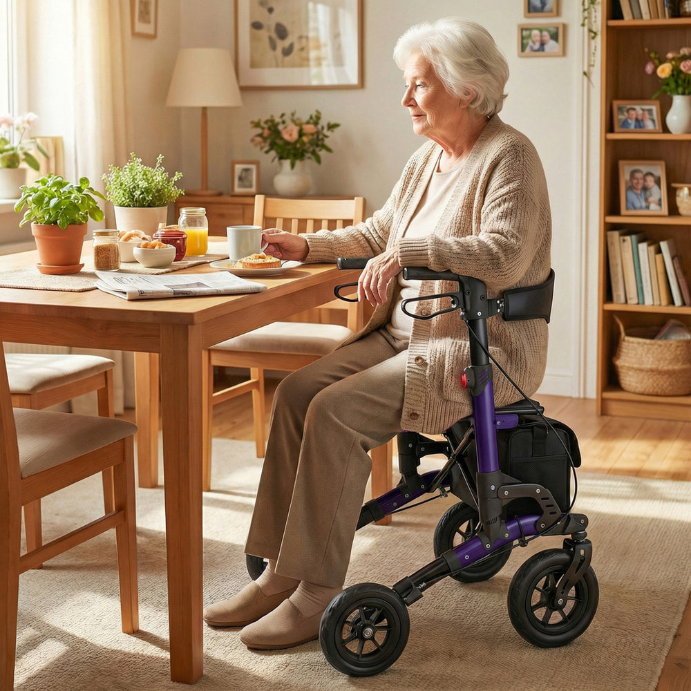 Purple rollator walker with seat, featuring oversized wheels and ergonomic handles, perfect for seniors' indoor use.
