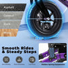 Front wheel of the purple rollator walker showcasing oversized design for smooth, silent mobility on various surfaces.
