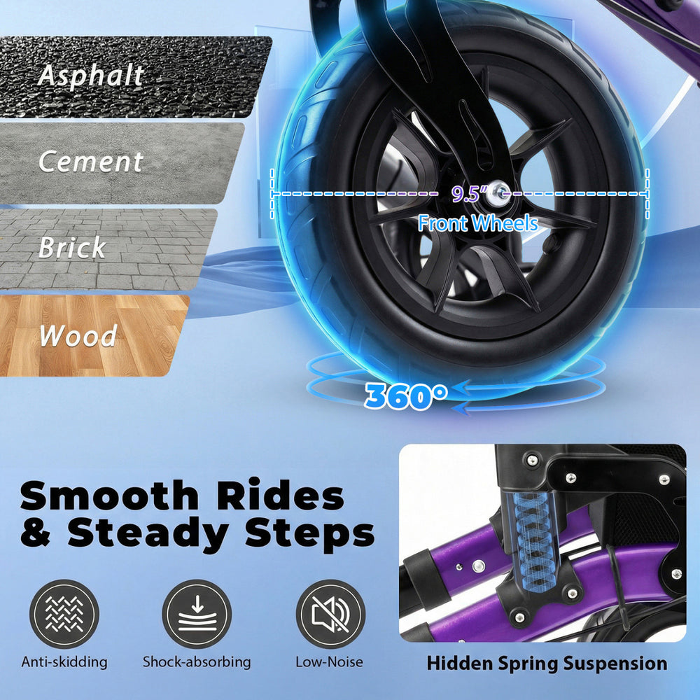 Front wheel of the purple rollator walker showcasing oversized design for smooth, silent mobility on various surfaces.