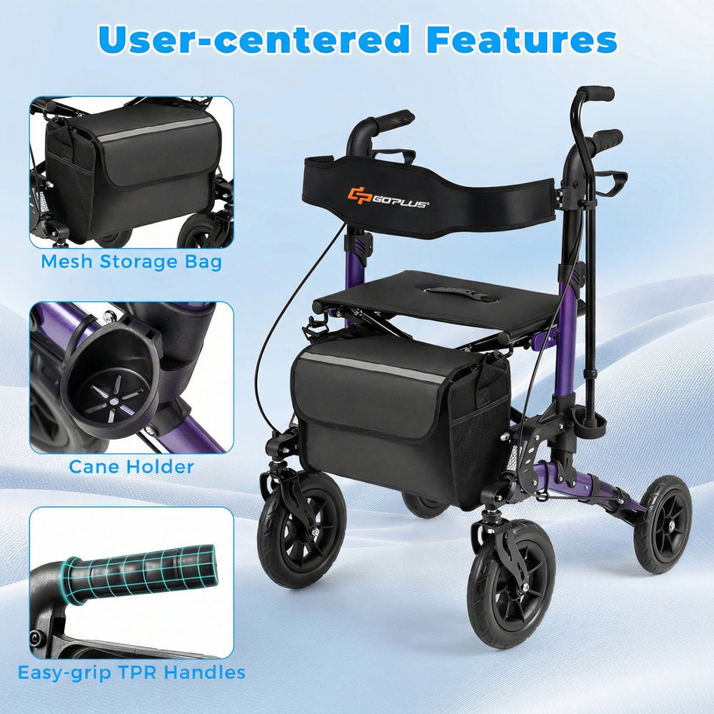 Folding rollator walker in purple with padded seat, mesh bag, and ergonomic handles for seniors' comfort and mobility.