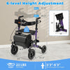 Folding rollator walker in purple with padded seat, 6-level height adjustment, and oversized wheels for seniors.