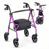 Purple rollator walker with seat, height adjustable handles, and storage bag, designed for stability and comfort.