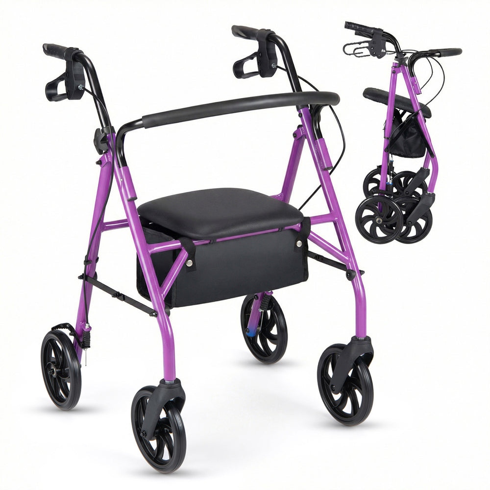 Purple rollator walker with seat, height adjustable handles, and storage bag, designed for stability and comfort.