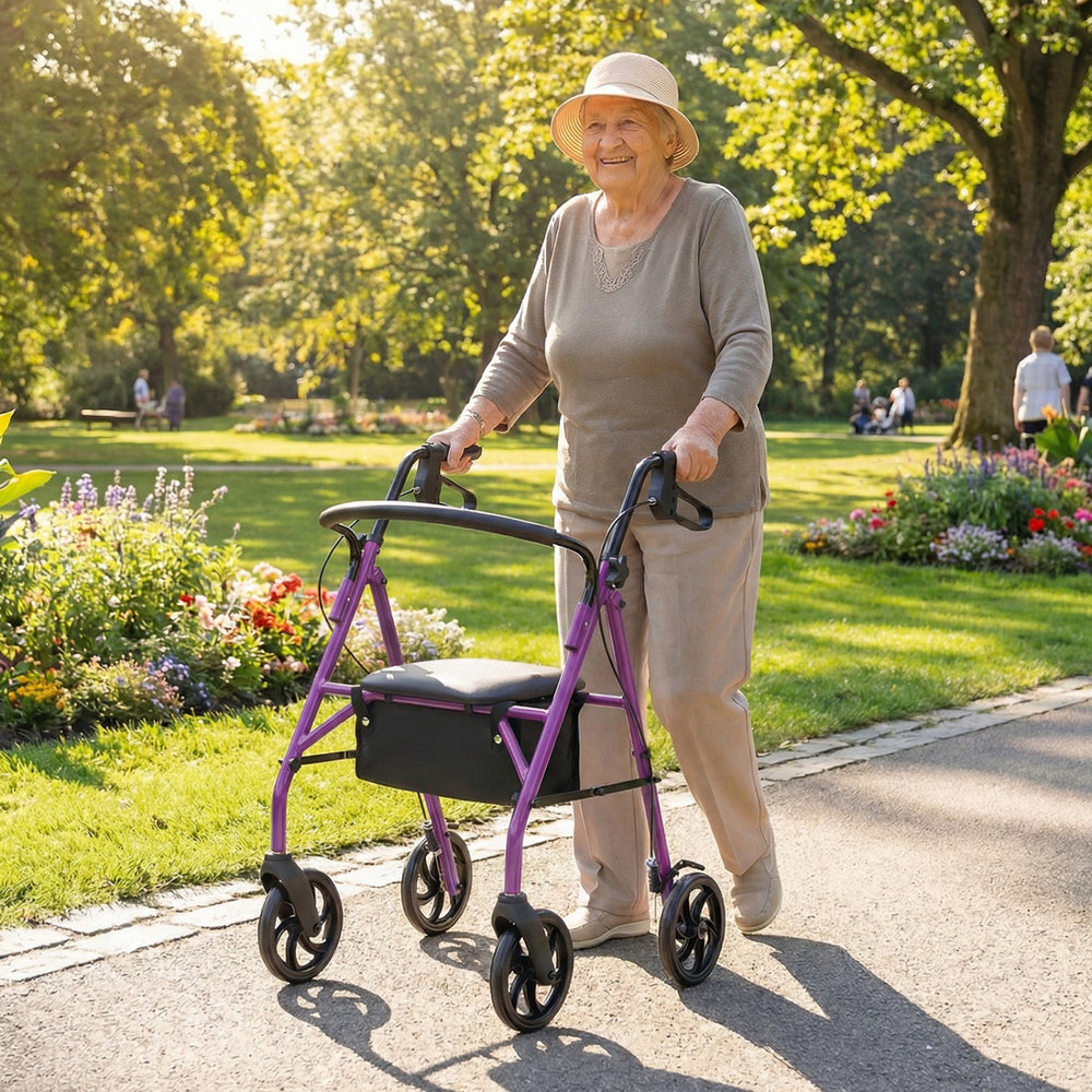Purple rollator walker with seat, adjustable handles, and storage bag, perfect for outdoor use and resting.