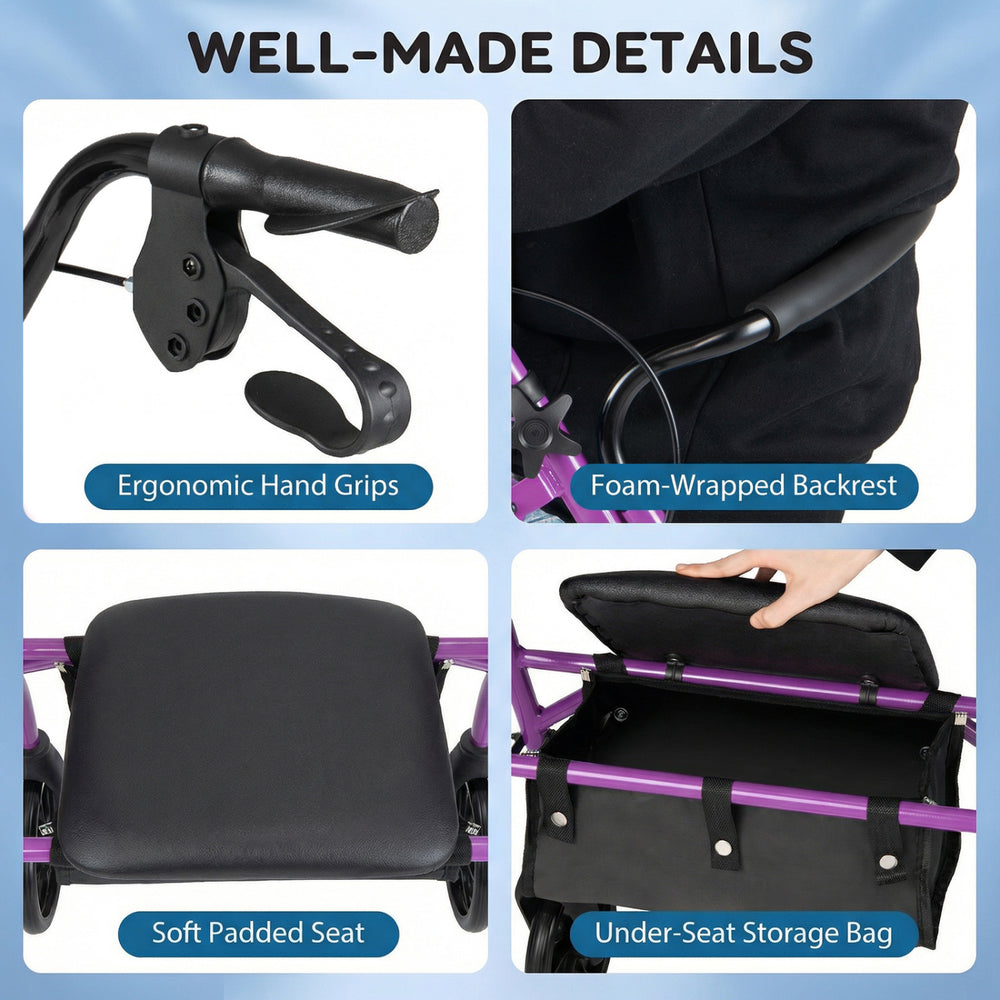 Ergonomic hand grips and foam-wrapped backrest on the purple rollator walker with seat for comfort and stability.