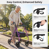 Purple rollator walker with seat, adjustable handles, and enhanced braking system for safe downhill use.