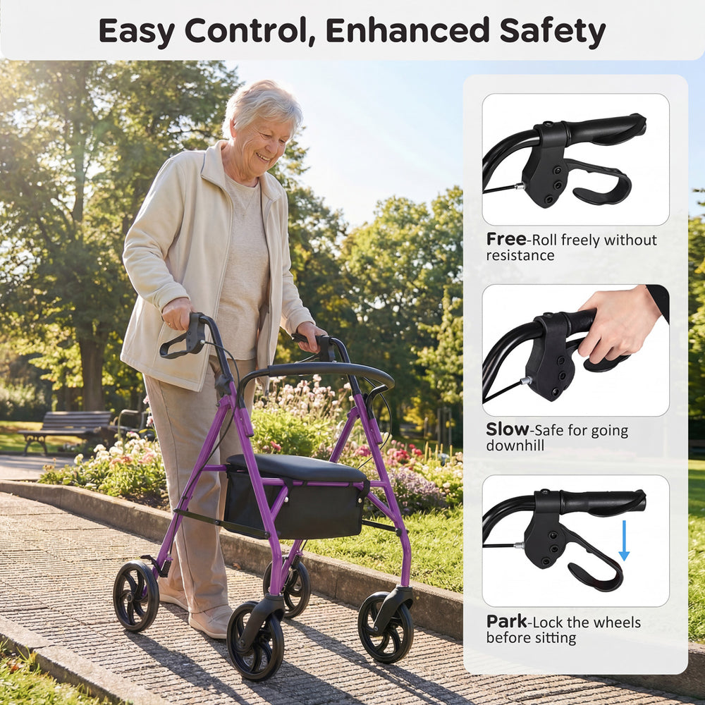 Purple rollator walker with seat, adjustable handles, and enhanced braking system for safe downhill use.