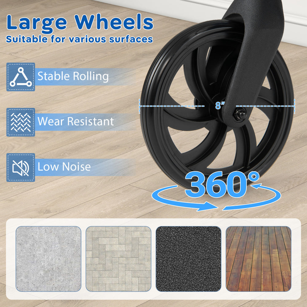 Large 8-inch wheels of the purple rollator walker ensure stable, low-noise rolling on various surfaces for easy.
