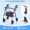 Purple rollator walker with seat, 7 adjustable height settings, and large wheels for stable, low-noise mobility.