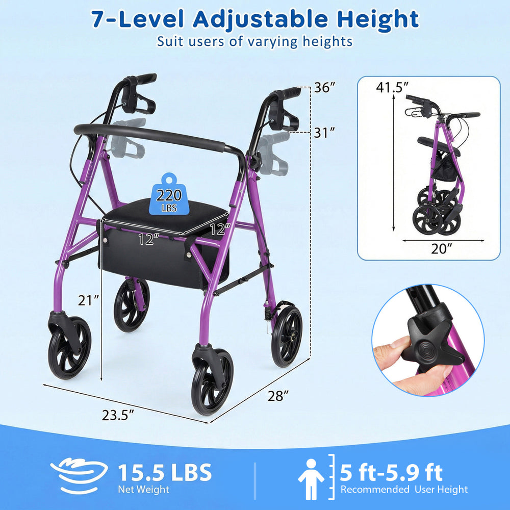 Purple rollator walker with seat, 7 adjustable height settings, and large wheels for stable, low-noise mobility.