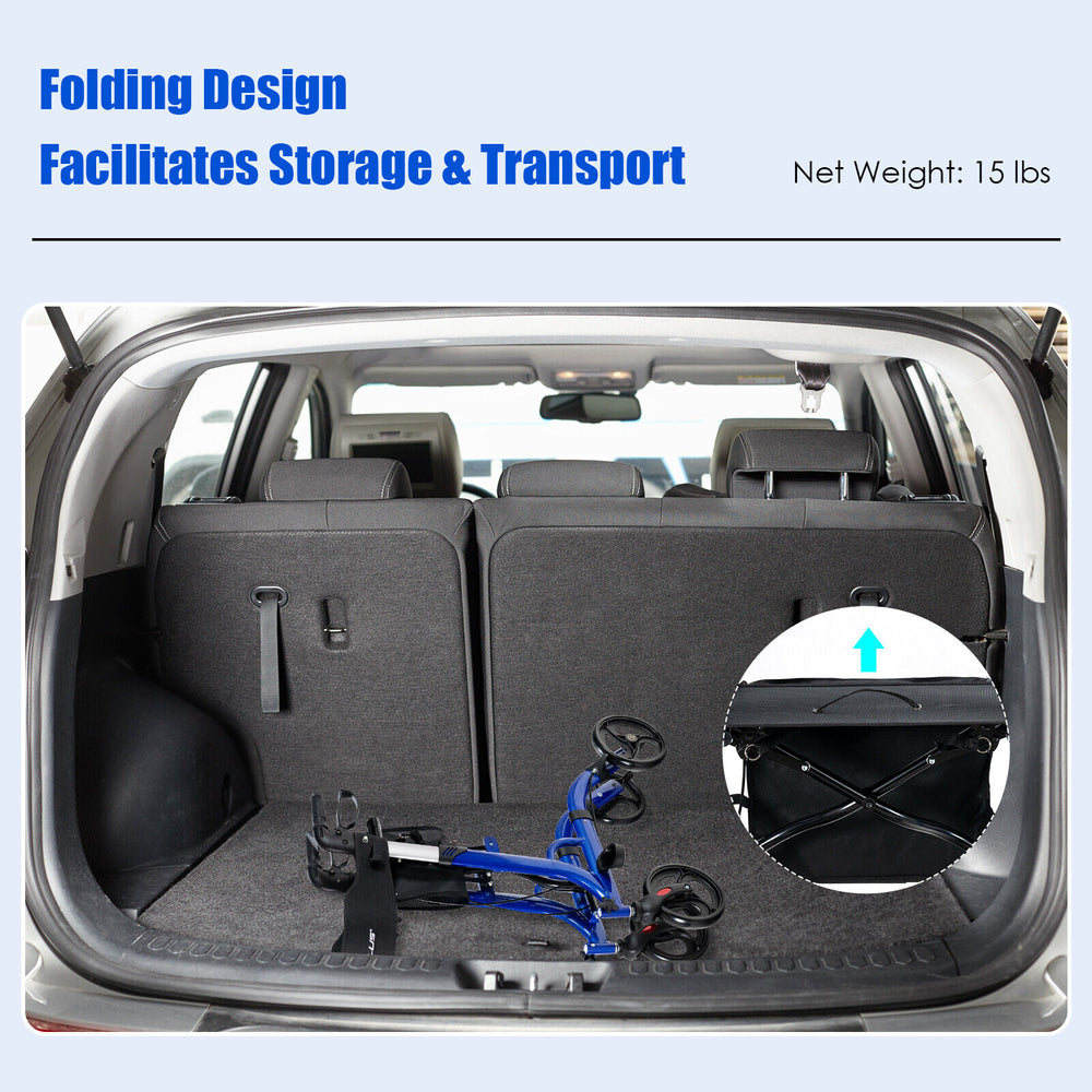 Folding aluminum rollator walker with 8-inch wheels, compactly stored in a car trunk for easy transport and storage.