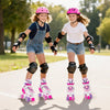 Two girls roller skating in adjustable rose red skates with light-up wheels, perfect for ages 13+, outdoors in a park.