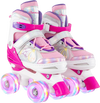 Adjustable roller skates for teens in rose red with light-up wheels, featuring a butterfly design and breathable mesh.