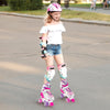 Adjustable roller skates in rose red with light-up wheels, designed for teens, perfect for fun outdoor activities.