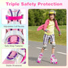 Adjustable roller skates in rose red with light-up wheels, featuring safety strap fastener and adjustable cuff buckle.