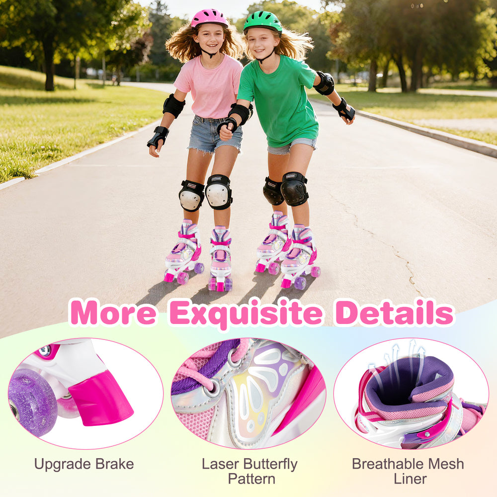 Roller skates for teens in rose red with adjustable sizes, light-up wheels, and breathable mesh liner for comfort.