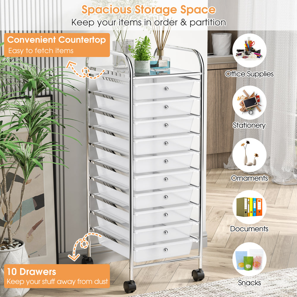 10-drawer rolling storage cart with chrome plated steel frame and casters, ideal for organizing office supplies and.
