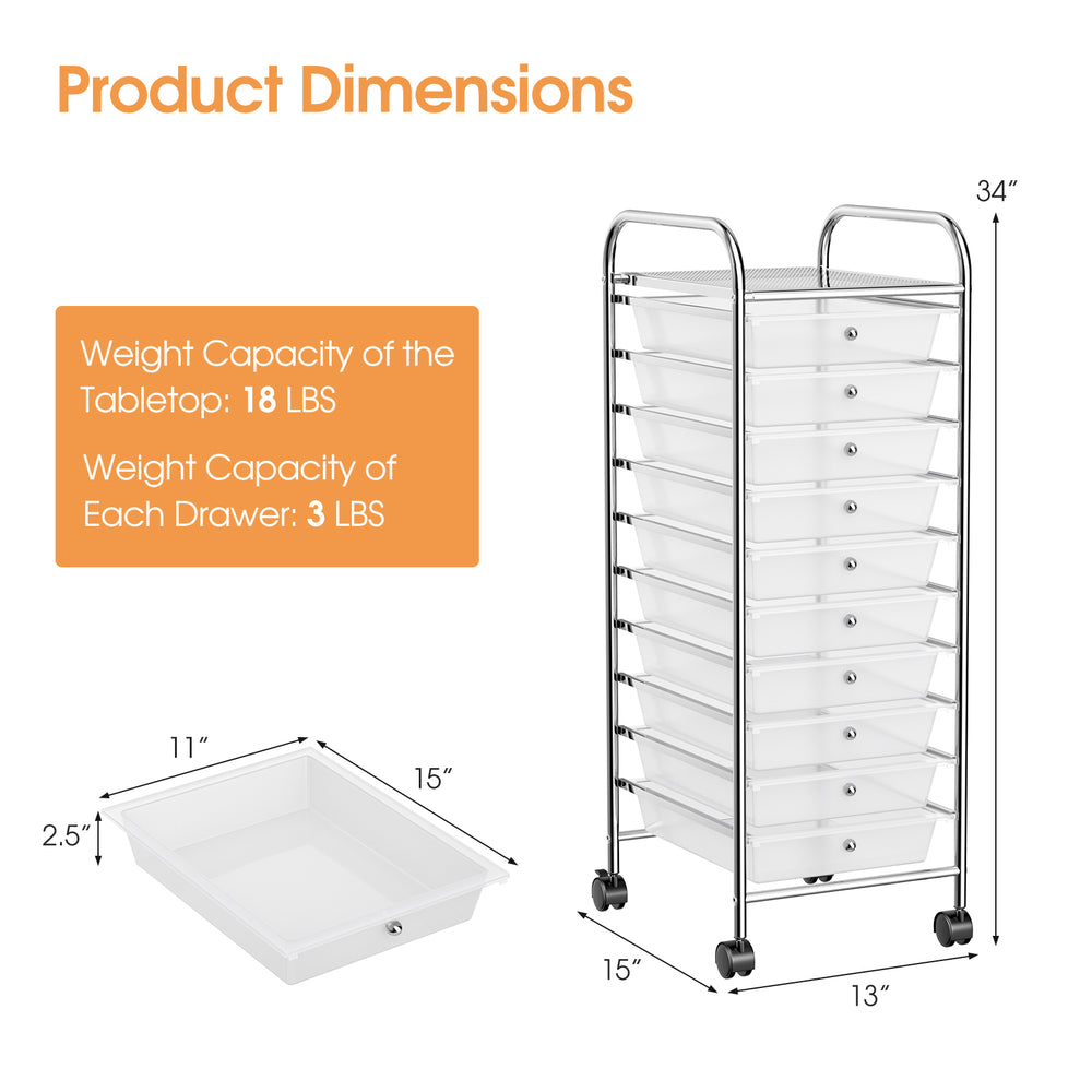 10-drawer rolling storage cart with chrome plated steel frame and clear drawers, ideal for organizing office supplies.
